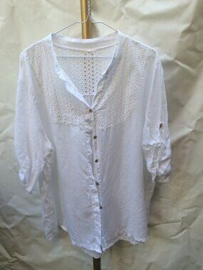 M Made in Italy 100% Linen Eyelet Embroidered Boho Top White Size L/XL